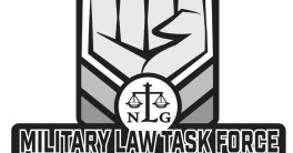 LOGO: Military Law Task Force of the NLG - Picture shows a raised fist superimposed on an NCO's rank chevrons, with the NLG logo on top. The graphic is in black, white and gray.