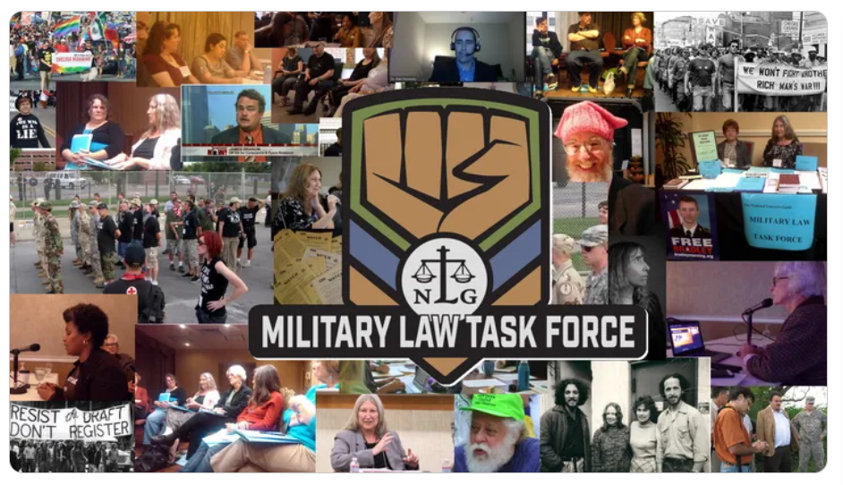 collage showing pictures of past actions supported by the MLTF, members of the MLTF, etc.

the MLTF logo with the words "Military Law Task Force" is super-imposed on top.