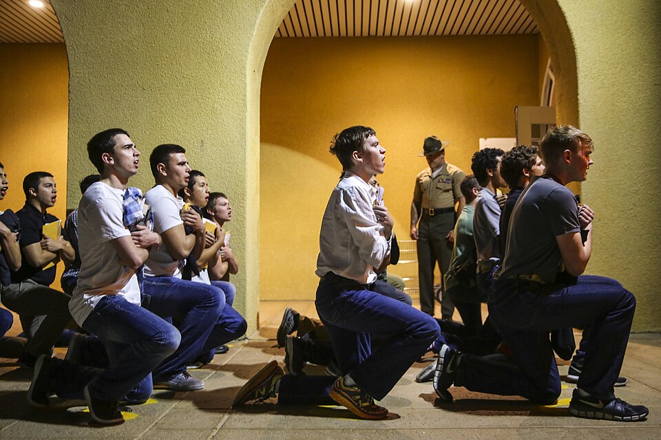 U.S. Marine Corps recruits receive a briefing on the Uniform Code of Military Justice at Marine Corps Recruit Depot San Diego, March 20, 2017 Corporal Angelica Annastas, U.S. Marine Corps, Public domain, via Wikimedia Commons