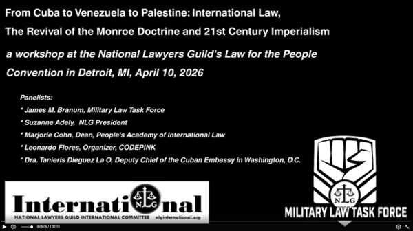 all text in the graphic can be found on the page that this graphic is displayed on Images of logos of NLG International Committee and Military Law Task Force